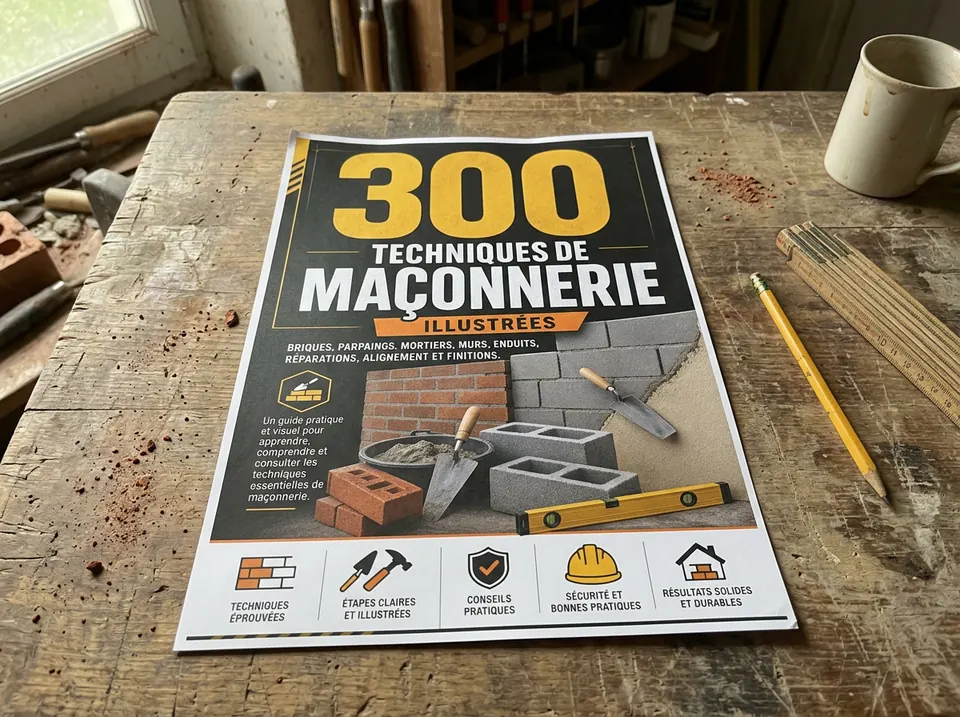 Page du guide de maçonnerie imprimée au format A4 posée sur un établi